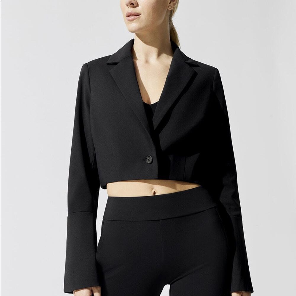Carbon38 Cropped Stretch Blazer Black Bell Sleeve Boxy Corporate Goth SZ L NWT